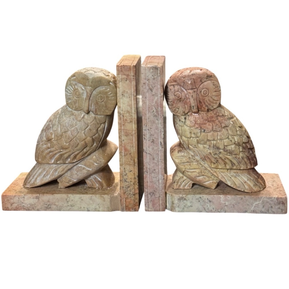 Midcentury Era, Owl Bookends, Sculpture Hand Carved Marble, Estate, RARE‼️